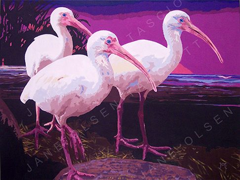 Painting of three white ibises at the water's edge at sunset