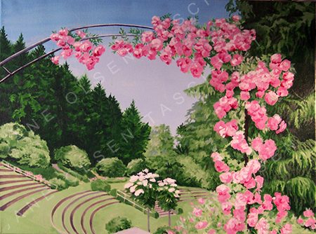 Painting of climbing roses above a garden amphitheatre