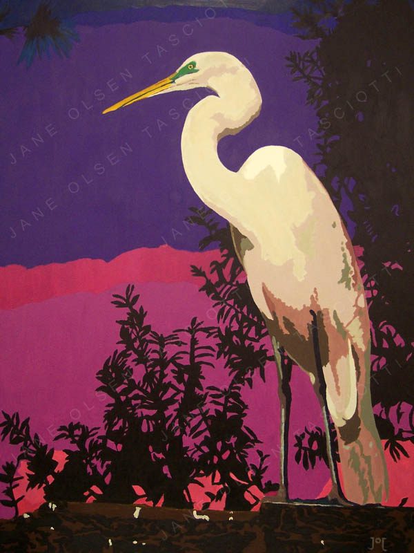 Painting of a great egret against a purple and magenta sky