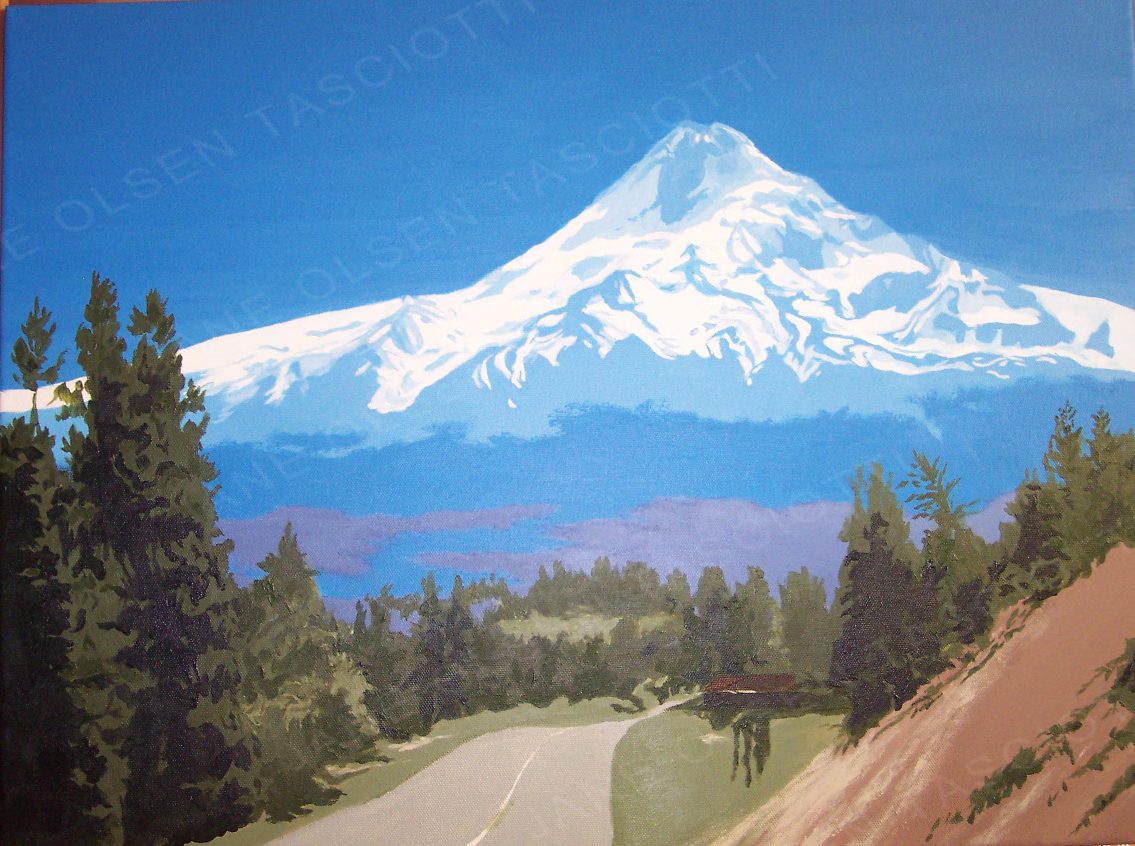Painting of Mount Hood above a road lined with evergreens