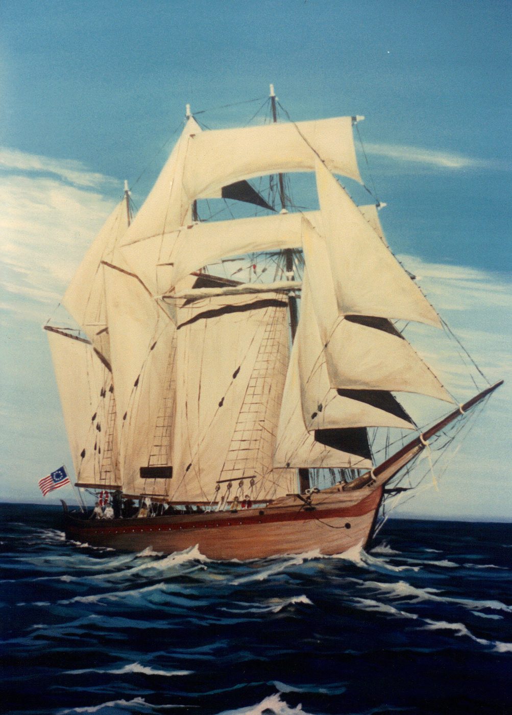 Painting of a multi-mast tall ship under full sail