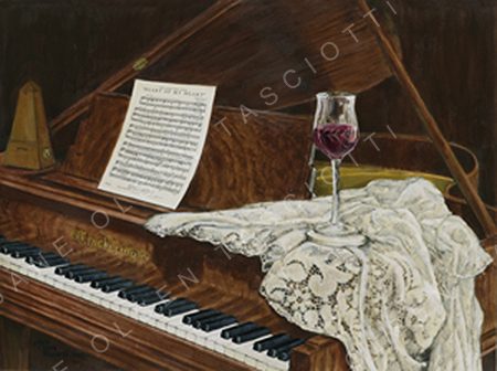 Still life painting of a grand piano with sheet music and a glass of wine