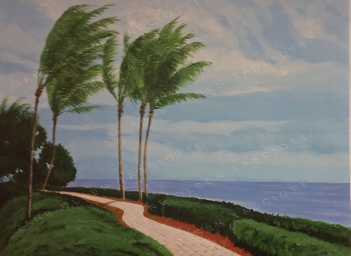 Painting of palm trees bending in the wind above a path along the ocean