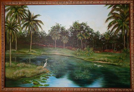 Painting of an Everglades pond framed by palms