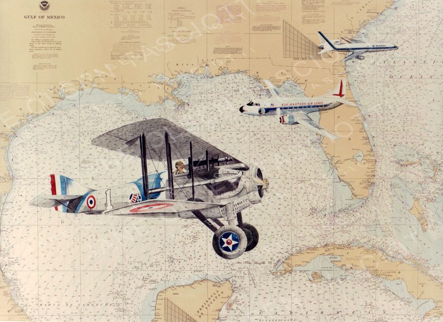Illustration of a biplane and airliners flying over a nautical chart of Florida