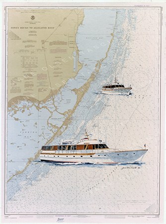 Illustration of a motor yacht over a nautical chart
