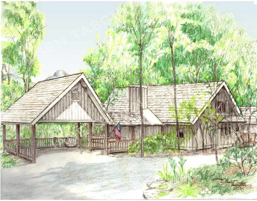 Coloured-pencil rendering of a mountain home