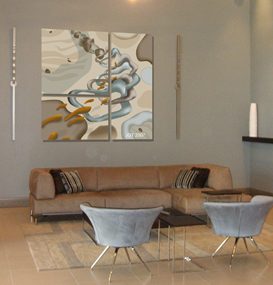 The Nordica panels installed above a sofa