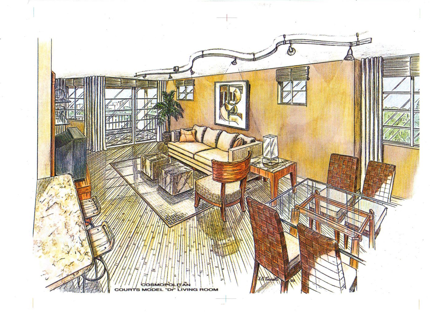 Marker and coloured-pencil rendering of a modern great room