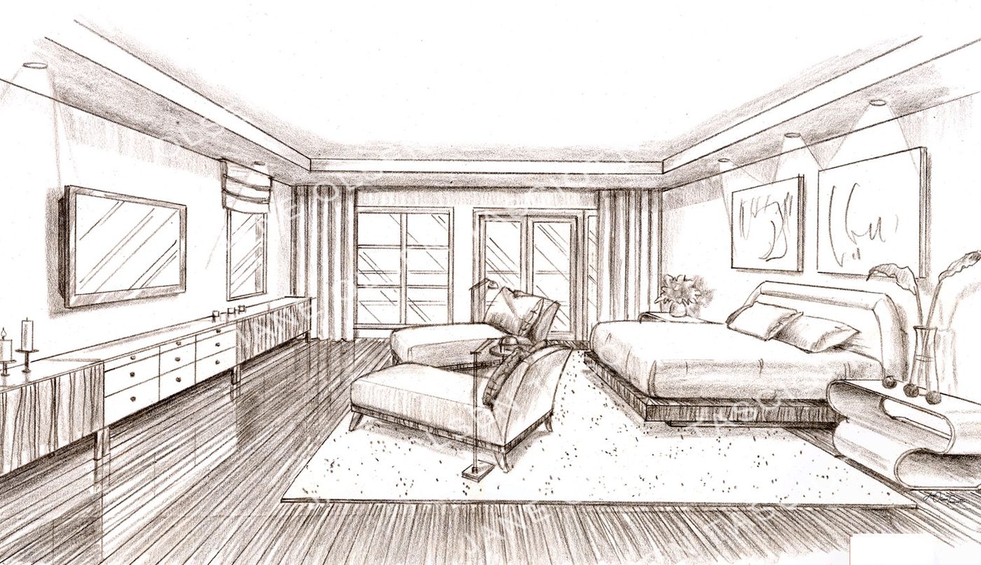 Sepia pencil rendering of a contemporary bedroom with a chaise