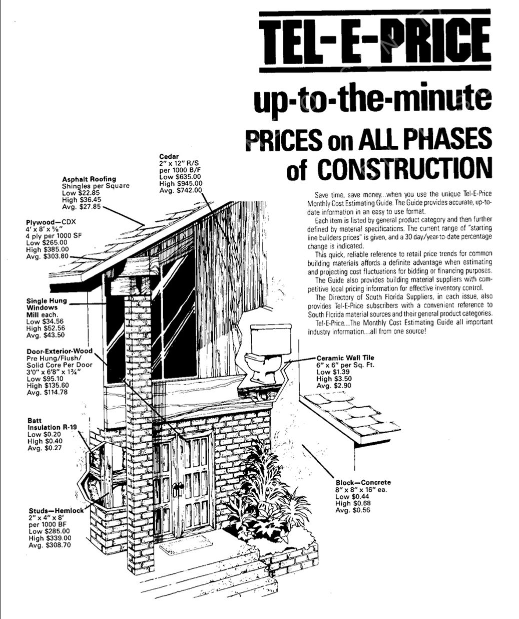 Pen-and-ink line art for a Tel-E-Price construction advertisement