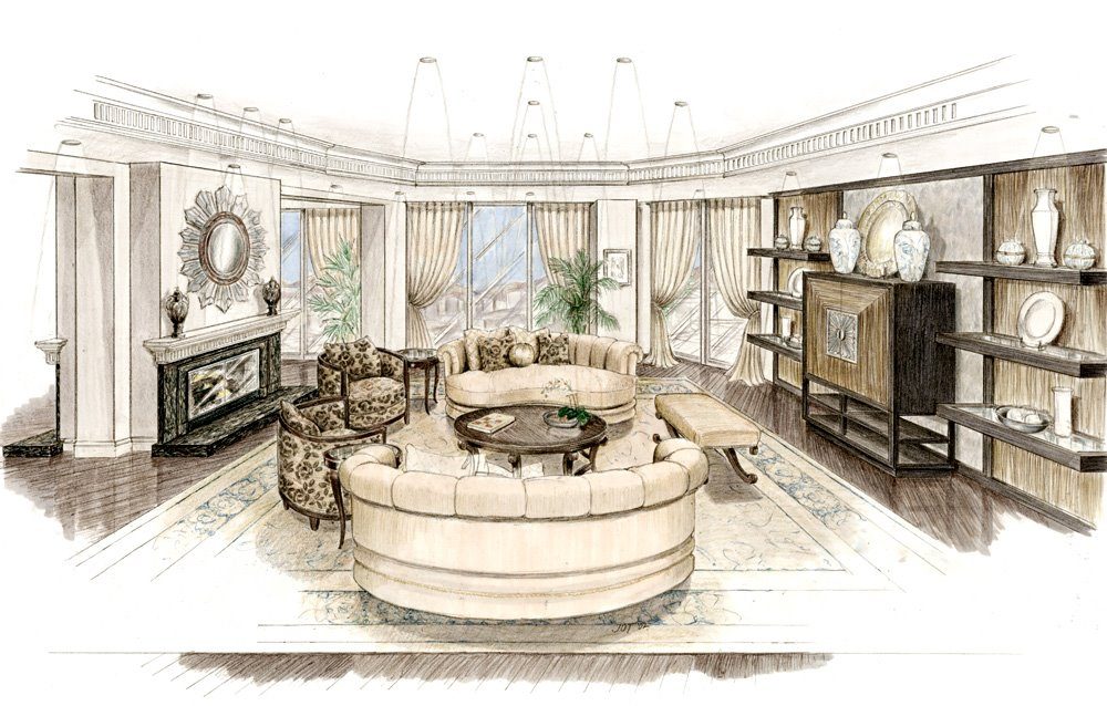 Hand-drawn rendering of a formal living room in perspective