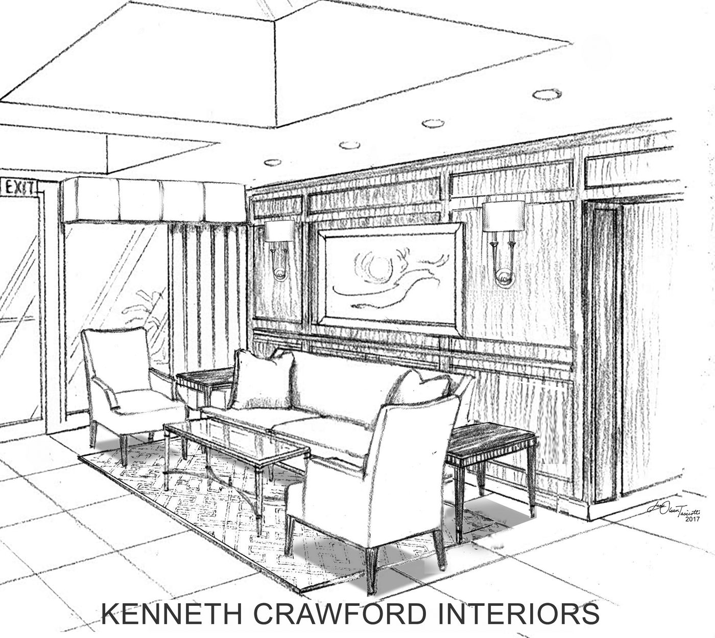 Pen-and-ink rendering of a lobby seating area for Kenneth Crawford Interiors