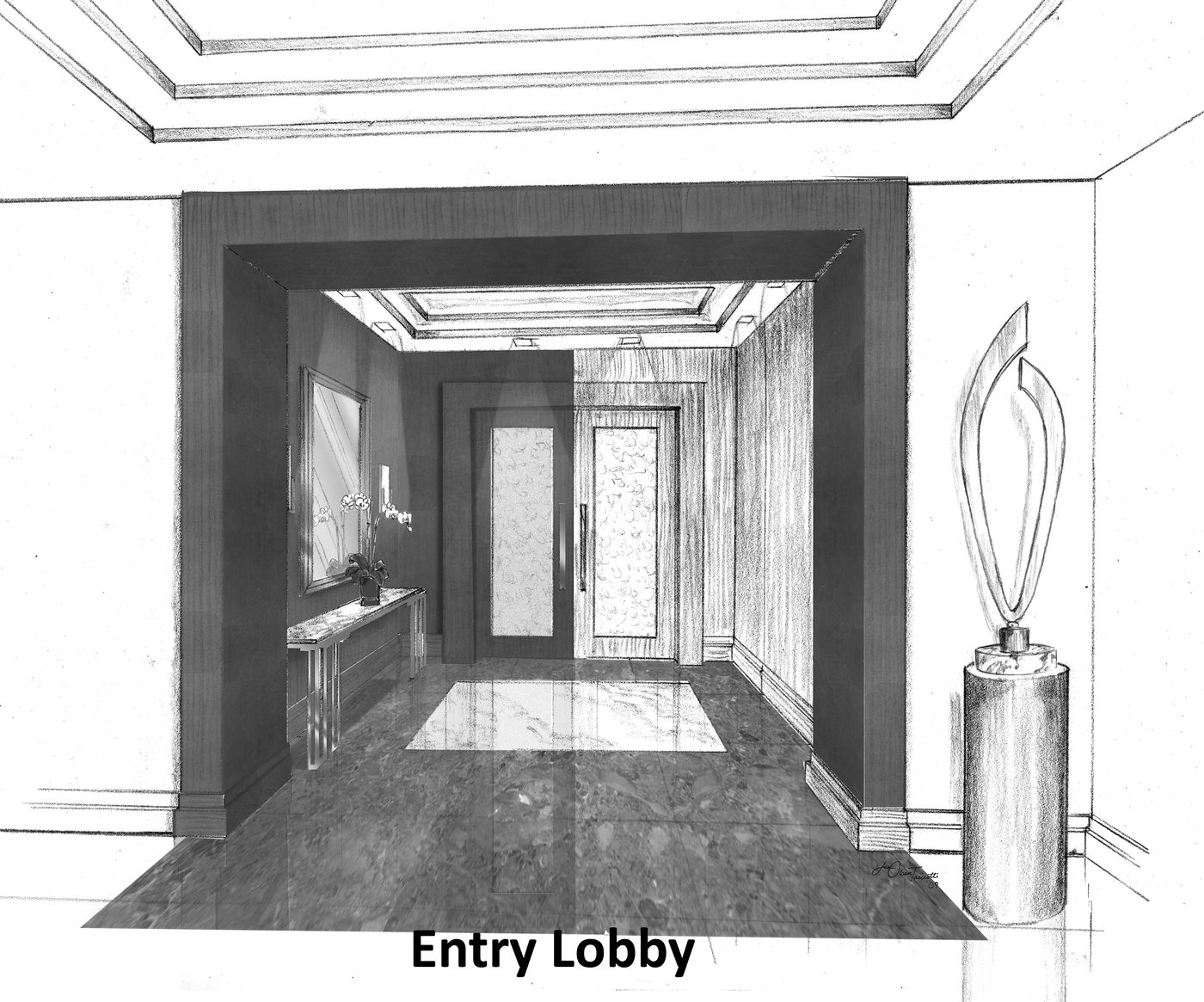 Pen-and-ink rendering of an entry lobby