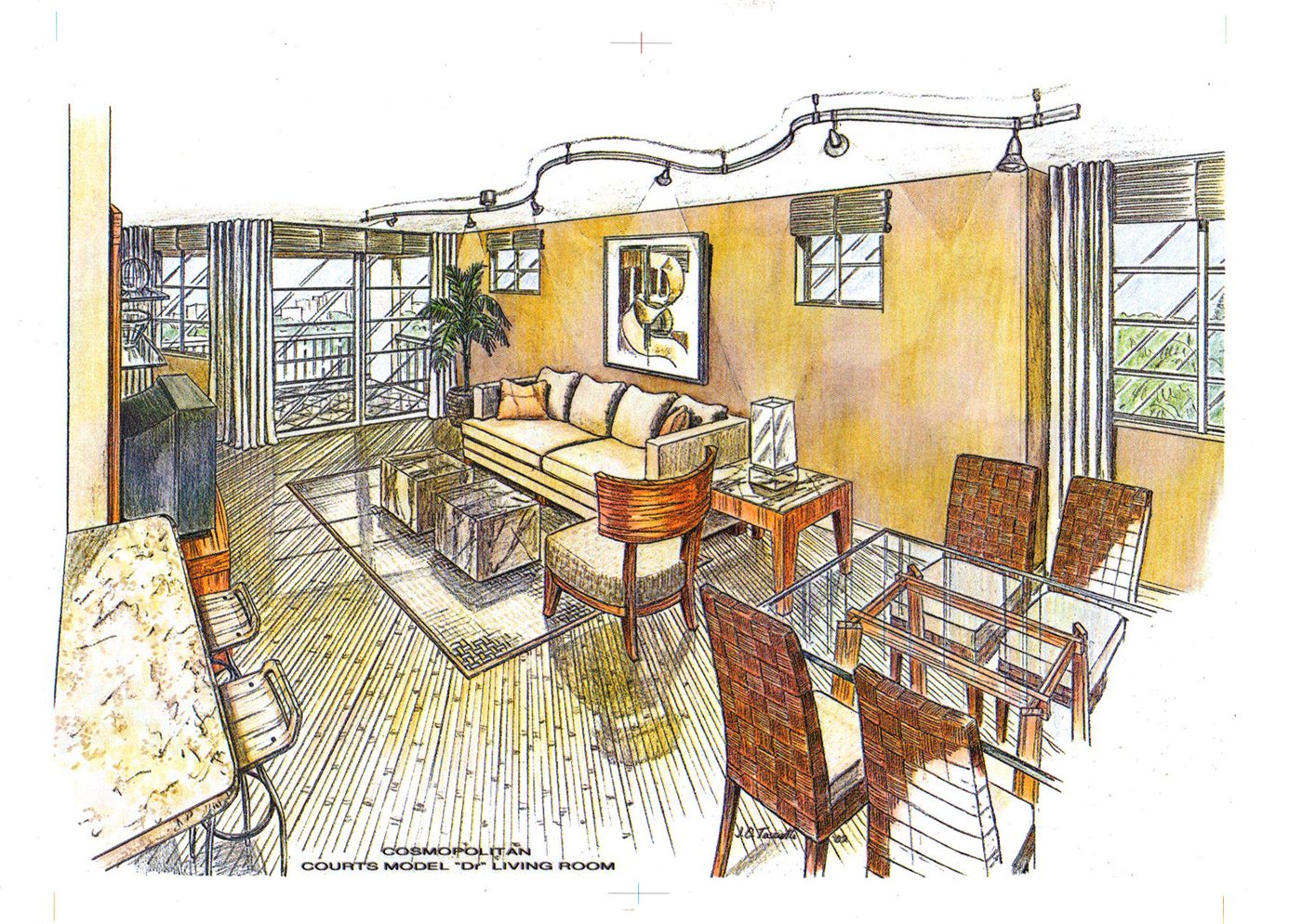 Coloured-pencil and marker rendering of a model home living and dining room