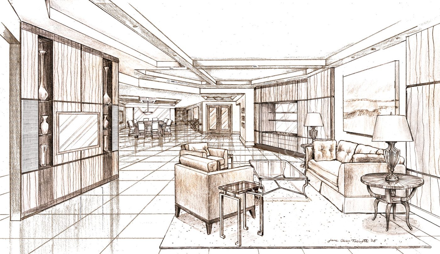 Sepia pencil rendering of a contemporary living room