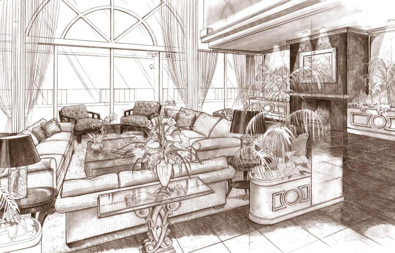 Sepia pencil rendering of a transitional living room