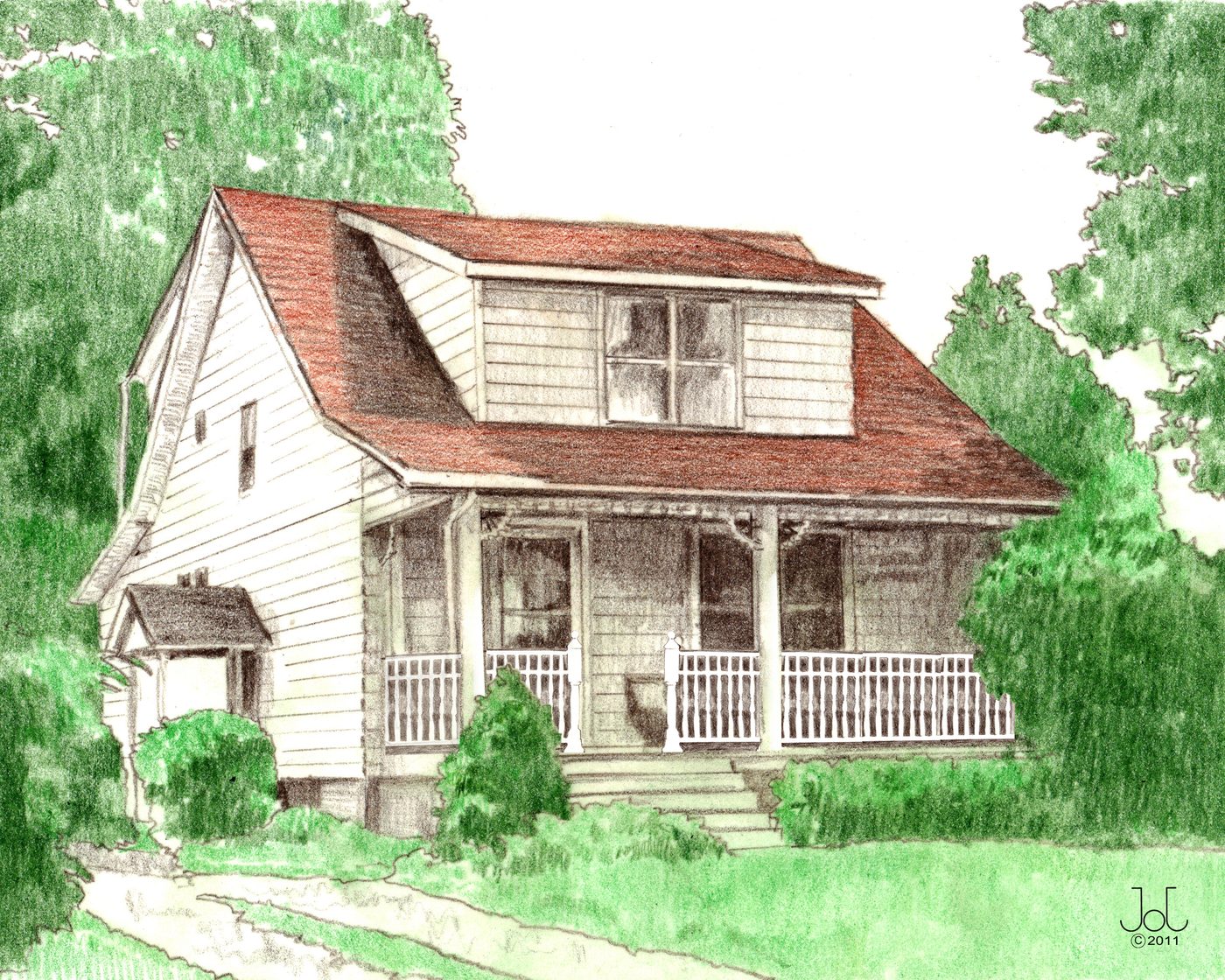 Coloured-pencil rendering of a country house with a front porch