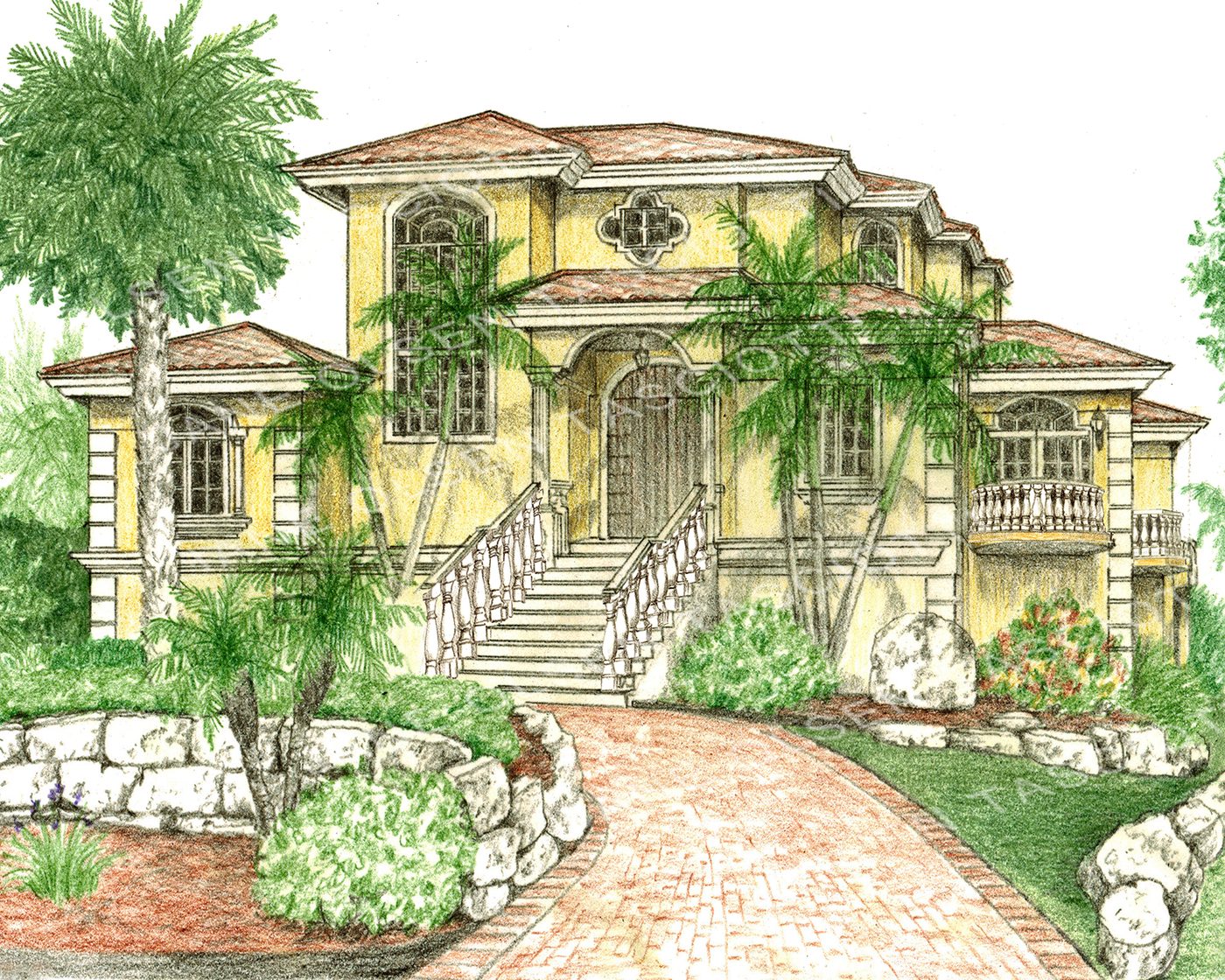 Coloured-pencil rendering of a Key Largo estate home